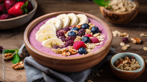 Berry Banana Smoothie Bowl: Blend frozen mixed berries, banana, and almond milk. Generative AI image.