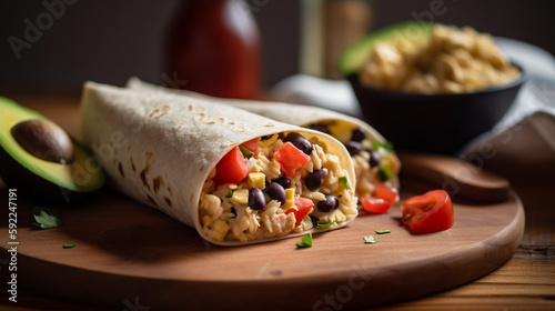 Breakfast Burrito: Fill a whole grain tortilla with scrambled eggs, black beans, diced tomatoes, and avocado. Generative AI image.