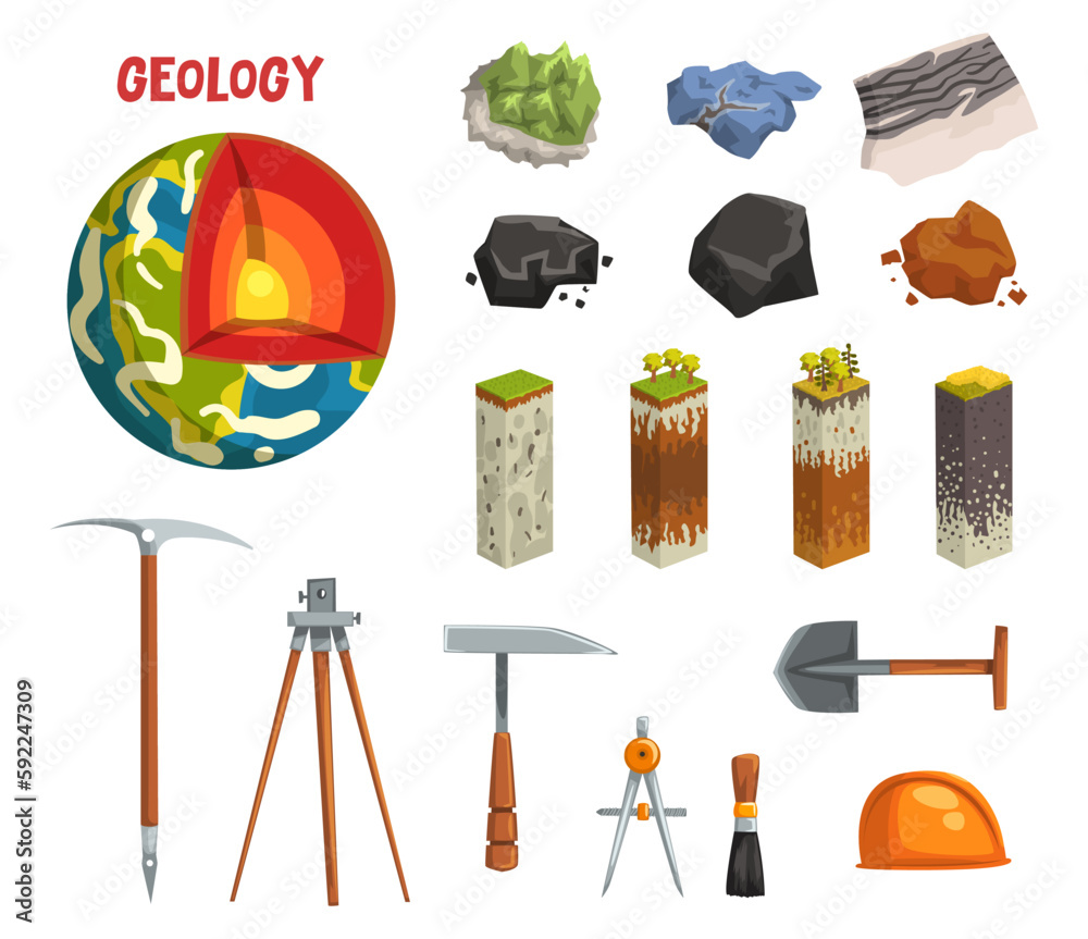 Geology and Earth Exploration with Globe Structure Soil Layers and Scientific Geological Tools Vector Set Geology and Earth Exploration with Globe Structure Soil Layers and Scientific Geological Tools Vector Set