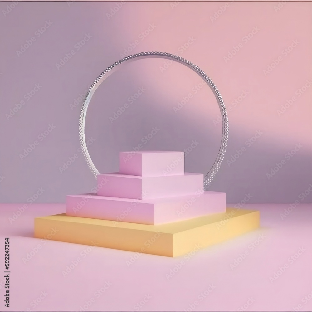 3D pastel pink display podium, gradient background, Abstract minimal step pyramid for product display, silver circle frame, 3D rendering, created using generative AI 3D pastel pink display podium, gradient background, Abstract minimal step pyramid for product display, silver circle frame, 3D rendering, created using generative AI