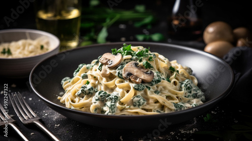 Creamy pasta with mushrooms and spinach. Generative AI image.