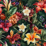 Exotic flowers. Seamless pattern for continuous replicate. Floral background, photo collage for production of textile, cotton fabric. For use in wallpaper, covers. generative AI

