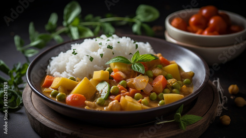 Vegetable curry with rice - a delicious vegetarian meal featuring a spicy and fragrant curry. Generative AI image.