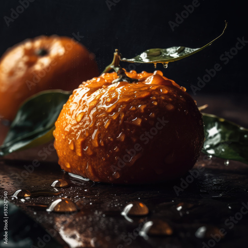 Tangerines with drops of water on a dark background. selective focus, food magazine shot. generative AI