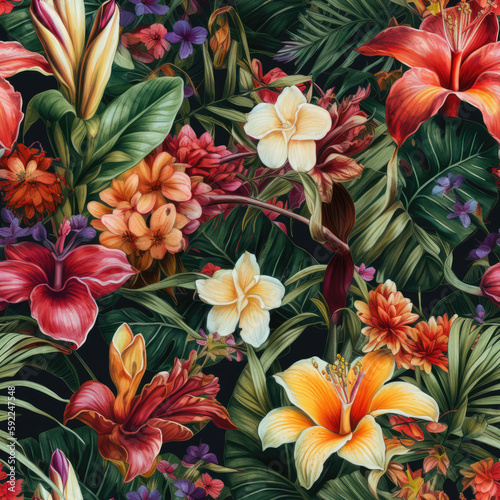 Exotic flowers. Seamless pattern for continuous replicate. Floral background  photo collage for production of textile  cotton fabric. For use in wallpaper  covers. generative AI 