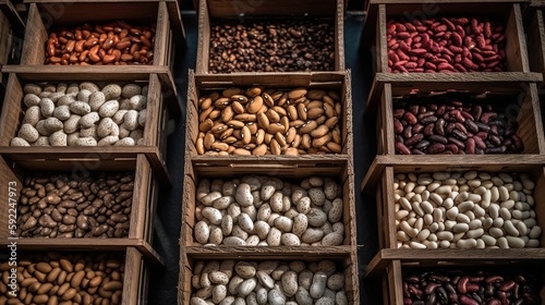 beans nuts and seed storage in wooden box, idea for organic farm product concept, Generative Ai