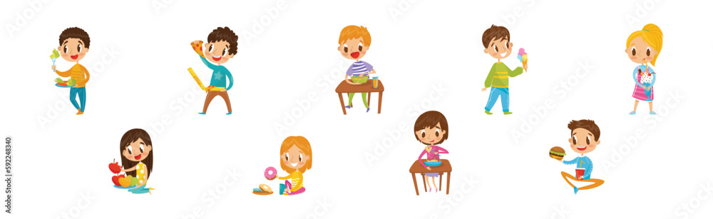 Cute Boy and Girl Character Eating Healthy and Fast Food for Lunch Vector Set Cute Boy and Girl Character Eating Healthy and Fast Food for Lunch Vector Set
