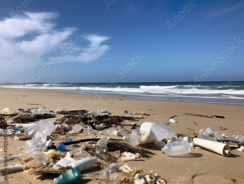 Beach with a large amount of garbage and plastic waste. Created by generative AI
