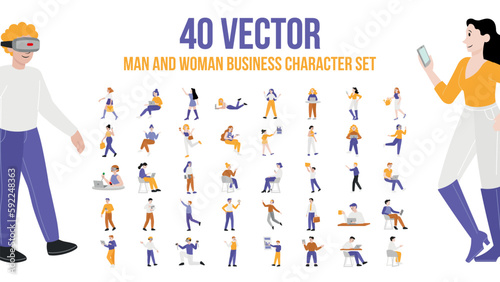 Business male and female illustrations. Mega set. Collection of scenes with men and women taking part in business activities. Flat design vectors.