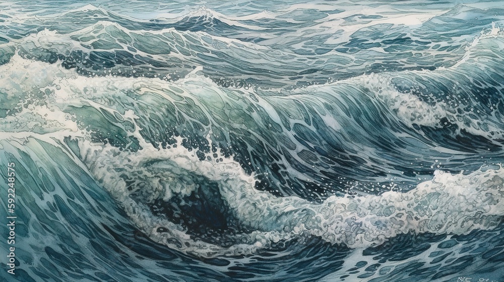 Texture of watercolor waves on the sea drawing created with Generative AI
