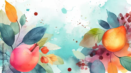 Obraz akwarela, abstrakcyjne tło, liście i owoce z akwarelową teksturą tła, wygenerowane przez Ai