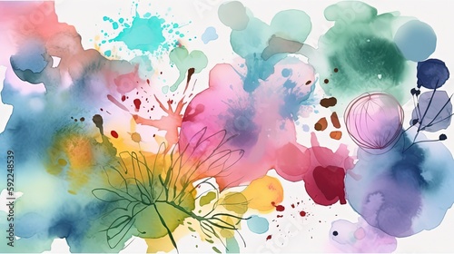 watercolor flora abstract background, leaves and flower with watercolor texture background, Generative Ai