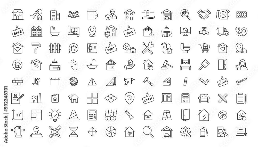 Real Estate minimal thin line web icon set. Included the icons as realty, property, mortgage, home loan and more. Outline icons collection. Simple vector illustration .