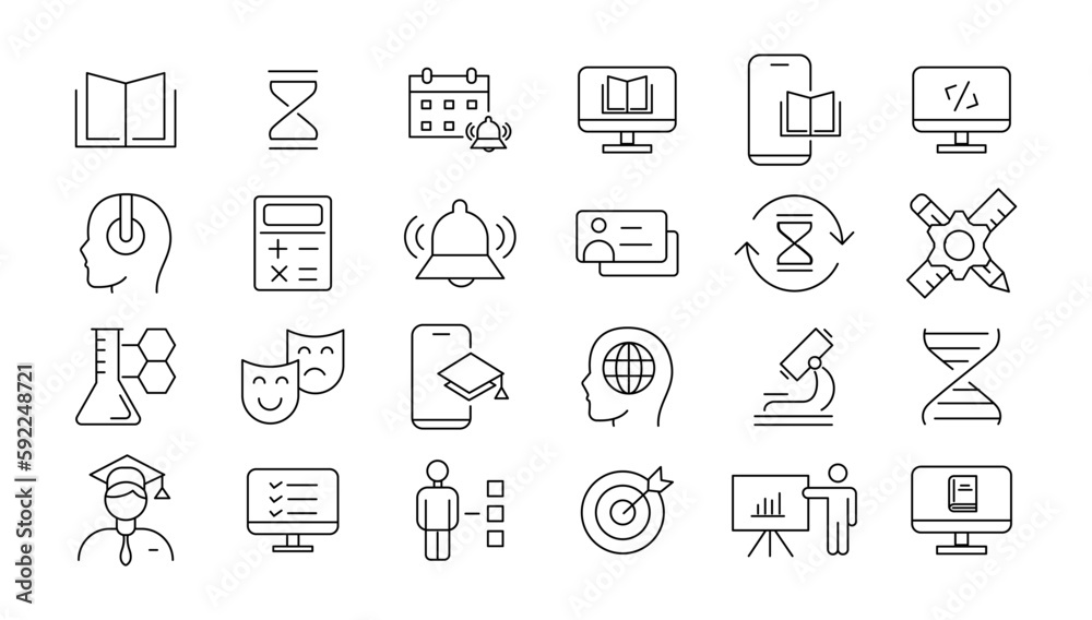 E-learning icon set. Online education icon set. Thin line icons set. Distance learning. Containing video tuition, e-learning, online course, audio course, educational website. Vector illustration. E-learning icon set. Online education icon set. Thin line icons set. Distance learning. Containing video tuition, e-learning, online course, audio course, educational website. Vector illustration.