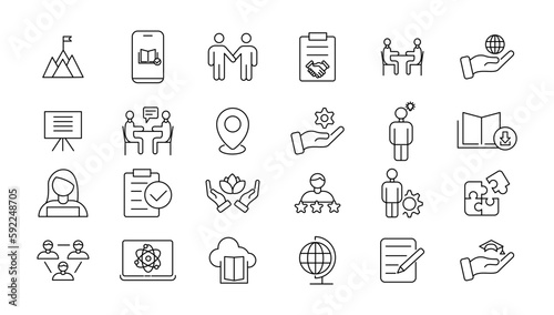  E-learning icon set. Online education icon set. Thin line icons set. Distance learning. Containing video tuition  e-learning  online course  audio course  educational website. Vector illustration.