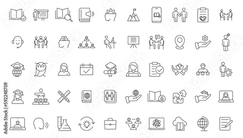  E-learning icon set. Online education icon set. Thin line icons set. Distance learning. Containing video tuition, e-learning, online course, audio course, educational website. Vector illustration.