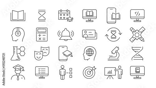  E-learning icon set. Online education icon set. Thin line icons set. Distance learning. Containing video tuition, e-learning, online course, audio course, educational website. Vector illustration.