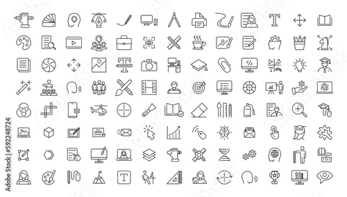 Set of thin line icons of graphic design. Simple linear icons in a modern style flat  Creative Process. Graphic design  creative package  stationary  software.