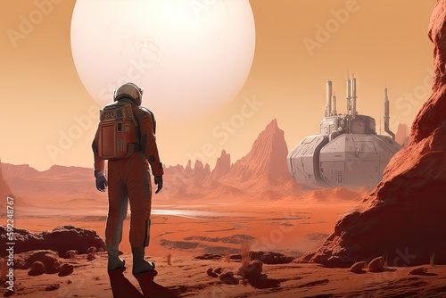 Fotografie, Obraz colonist, exploring the red planet's barren landscape, with distant views of fut
