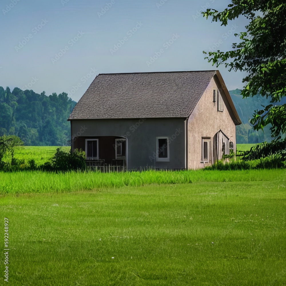 Modern house with green grass field