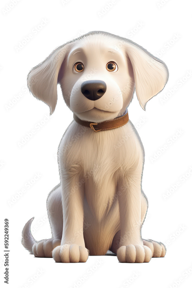 Playful Cartoon Retriever with Ball and Energetic Stance on White Background