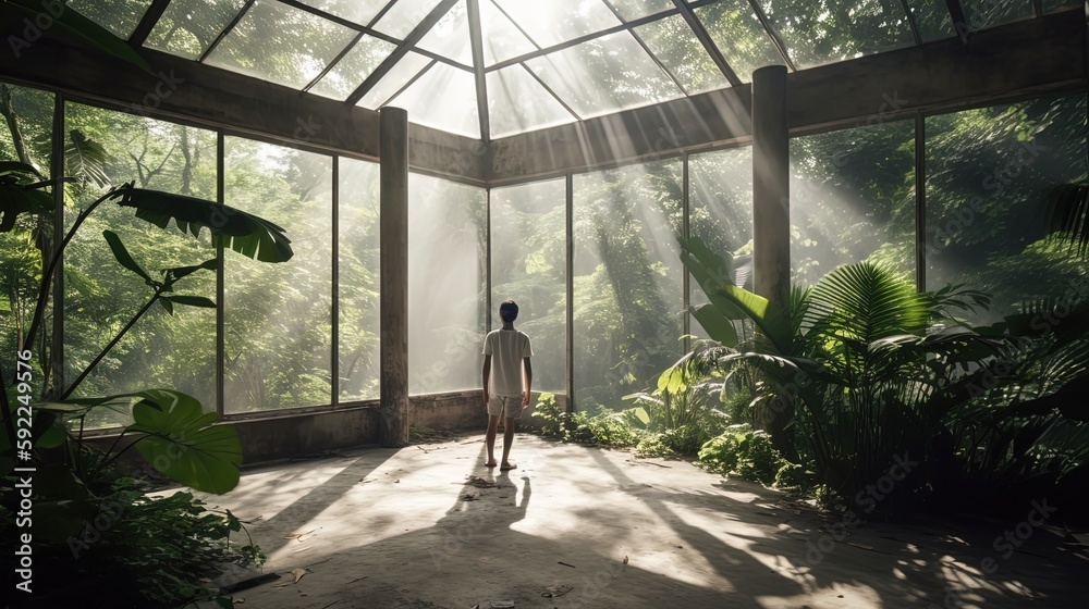 jungle view tranquil terrace with sunlight shine through tree shade with smoke and fog drifting show the ray of light, Generative Ai