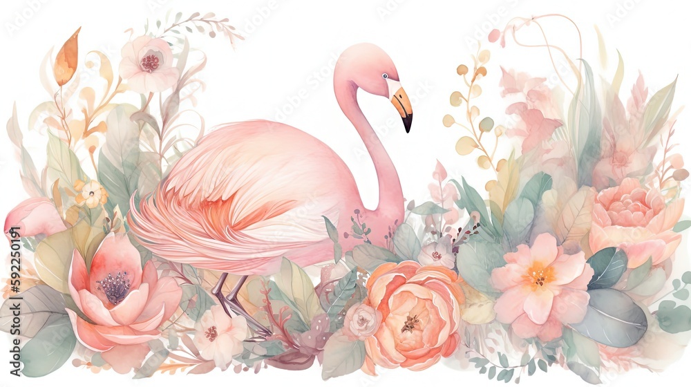 Fototapeta watercolor style illustration of happy flamingo in flower blossom garden, idea for home wall decor, kid room, Generative Ai