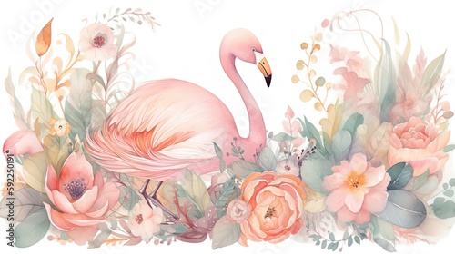 Fototapeta w stylu akwareli przedstawiająca szczęśliwego flaminga w ogrodzie kwiatowym; wygenerowane przez sztuczną inteligencję