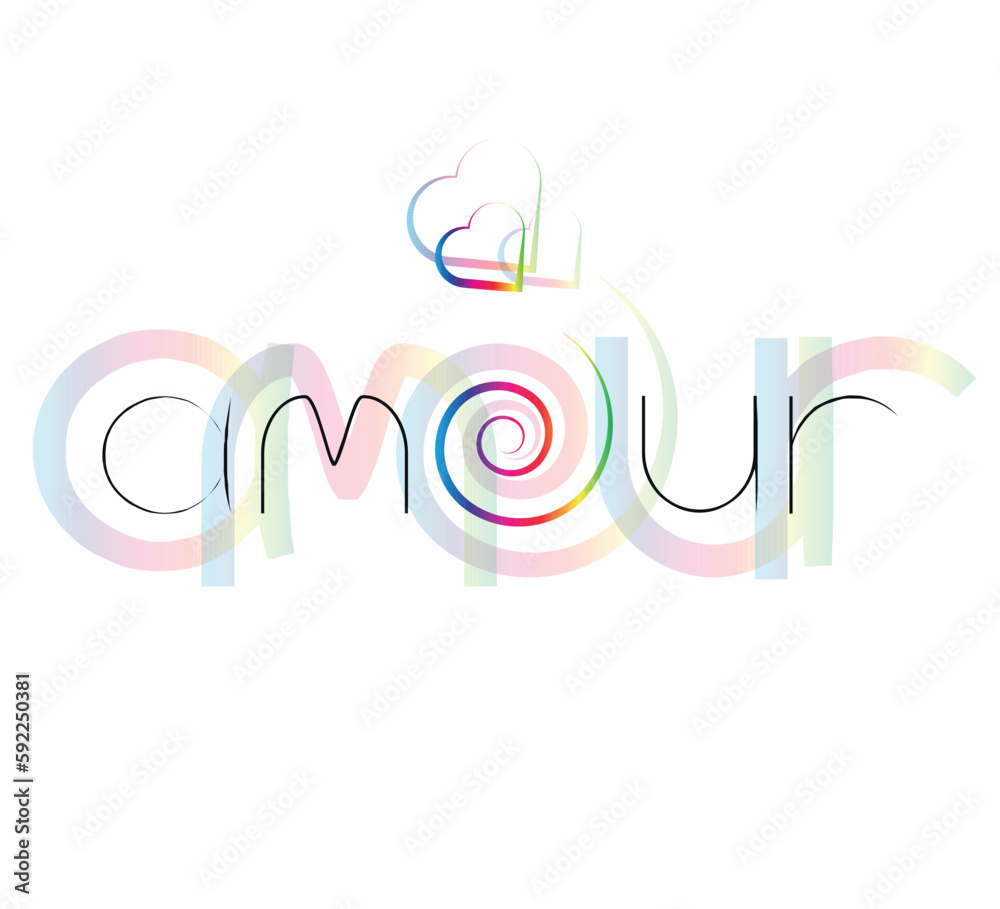 romantic typography with amour text and hearts in rainbow colors on white background romantic typography with amour text and hearts in rainbow colors on white background