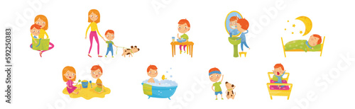 Little Boy Engaged in Daily Activity and Everyday Routine Vector Set