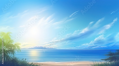 painting illustration style of beautiful white beach blue water seascape paradise bay on tropical island, idea for summer travel background wallpaper, Generative Ai