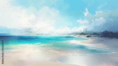 paint like illustration of white sand beach blue ocean, Generative Ai