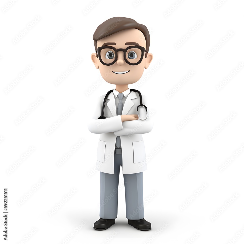聴診器をかけて立っている白衣のドクターのイラスト　白背景