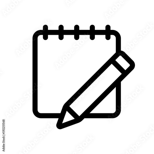 Notepad and pencil icon. Black contour linear silhouette. Front side view. Editable strokes. Vector simple flat graphic illustration. Isolated object on a white background. Isolate.