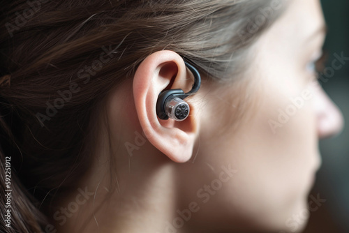 A woman wearing a bluetooth earbuds with a black earbud in the left hand corner. AI generation photo