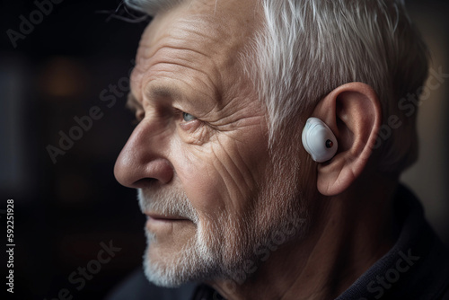 A man with a hearing aid on his ear AI generation photo