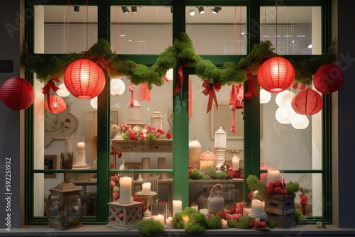 window display with red and green lanterns, wreath, and bow on a white curtain, created with generative ai