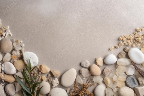 A white background with stones and a plant flat lay copy space mock up AI generation