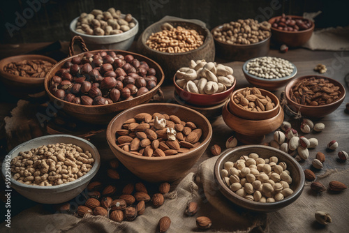 A variety of nuts are on a table. AI generation