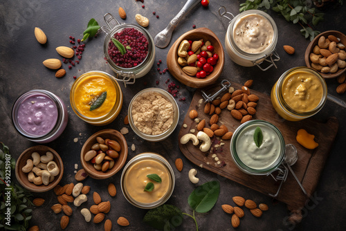 Processing nuts into vegan sauces and cheeses A variety of different flavors of hummus are on a table. AI generation