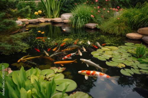 backyard pond with koi fish swimming among lily pads, created with generative ai