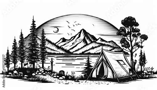 AI Generated. AI Geretative. Vintage Retro camping tent in engraving style. Adventure trip journy motivational poster. Can be used for decoration and inspiration. Graphic Art photo
