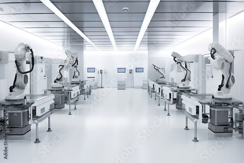 cleanroom with robots performing exacting and repetitive tasks, such as loading or unloading supplies, created with generative ai
