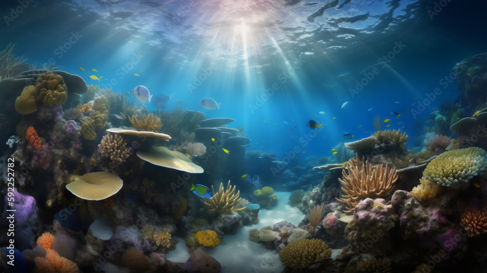 diving into a vibrant underwater world: exploring a colorful coral reef teeming with exotic fish, rays of sunlight filtering through the crystal clear waters. generative ai