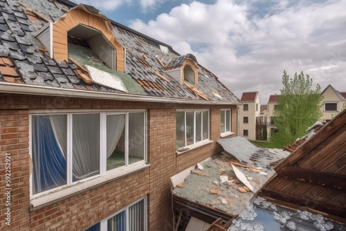 Canvas-taulu roofs and windows of houses being damaged by hail and high winds, created with g