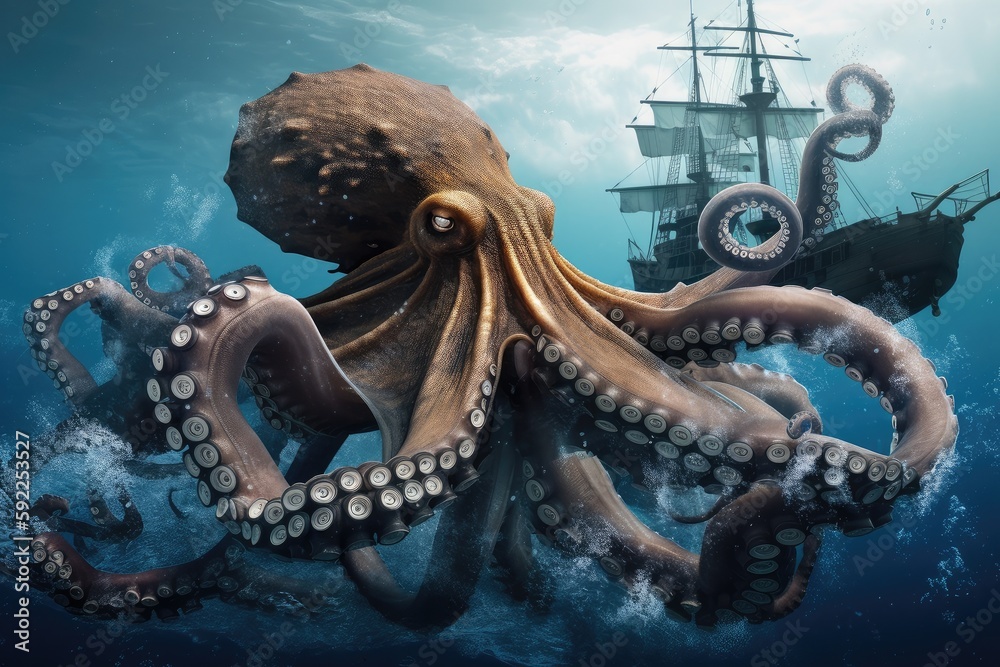 octopus kraken attacks submarine, its tentacles wrapping around the ...