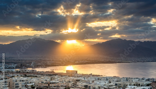 Sunset over the Aqaba (Jordan) and Eilat (Israel) cities