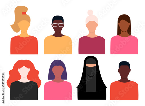 Set of abstract women characters. Contemporary portraits. Faceless female portrait. Clipart for banner, poster, flyer, greeting card, web design, print design. Vector. EPS 10