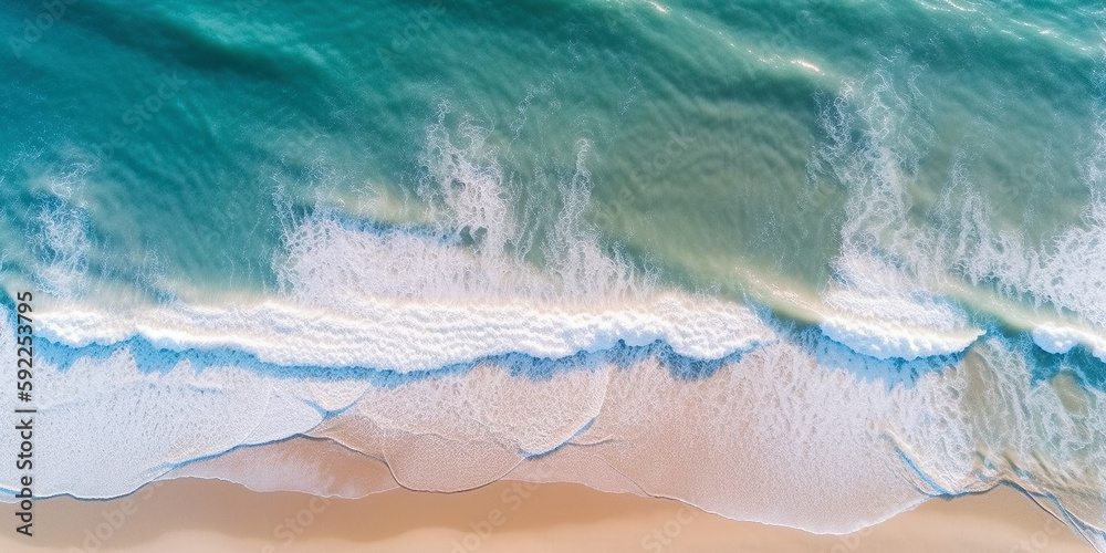 Ocean waves on the beach as a background. Beautiful natural summer vacation holidays background. Aerial top down view of beach and sea with blue water waves