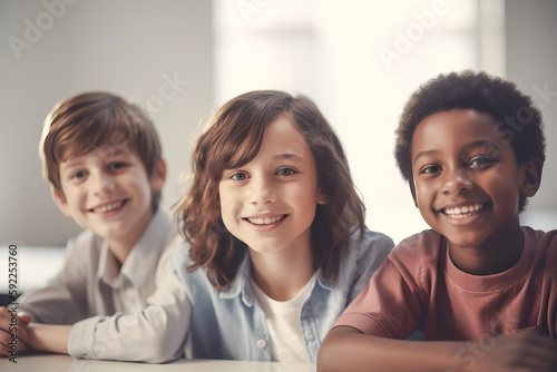 Three smiling children of different races sitting at a table in their class at school. Generative AI